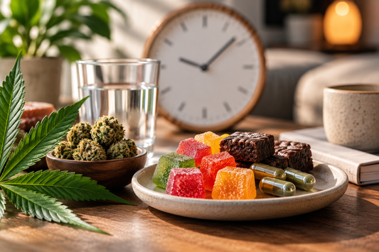 Cannabis edibles including gummies, capsules, and chocolate treats with cannabis flower, water, and a clock illustrating edible onset time and duration.
