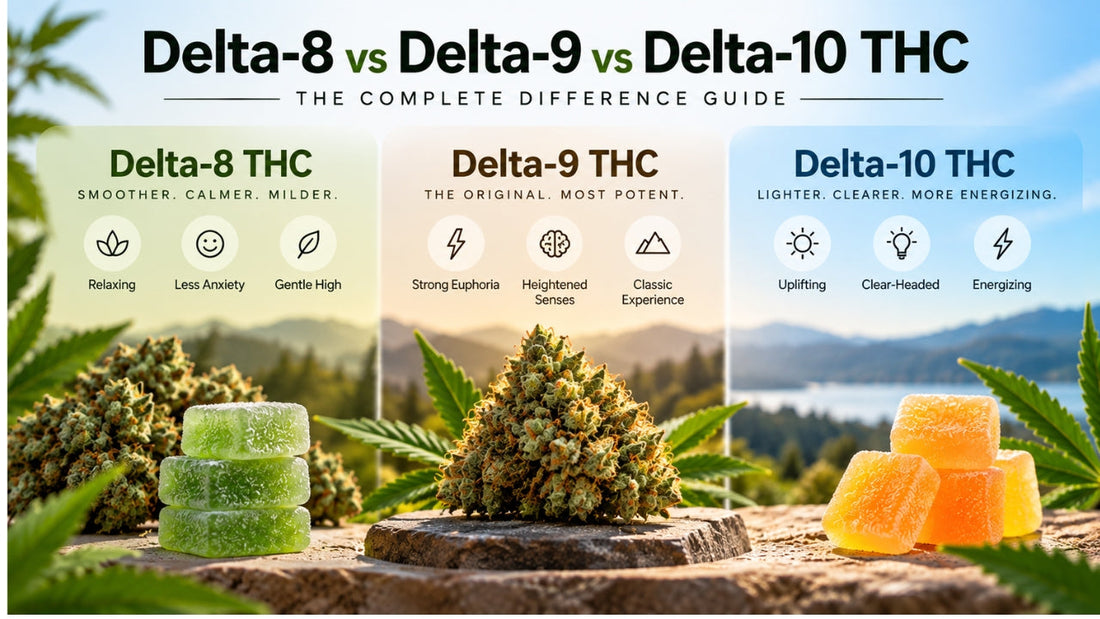 Delta-8 vs Delta-9 vs Delta-10 THC comparison infographic showing potency, effects, and key differences.
