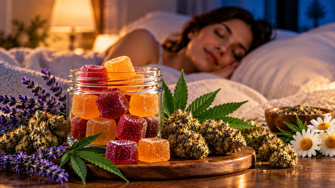 CBD gummies for sleep with hemp flower, lavender, chamomile, and a peaceful nighttime bedroom setting.