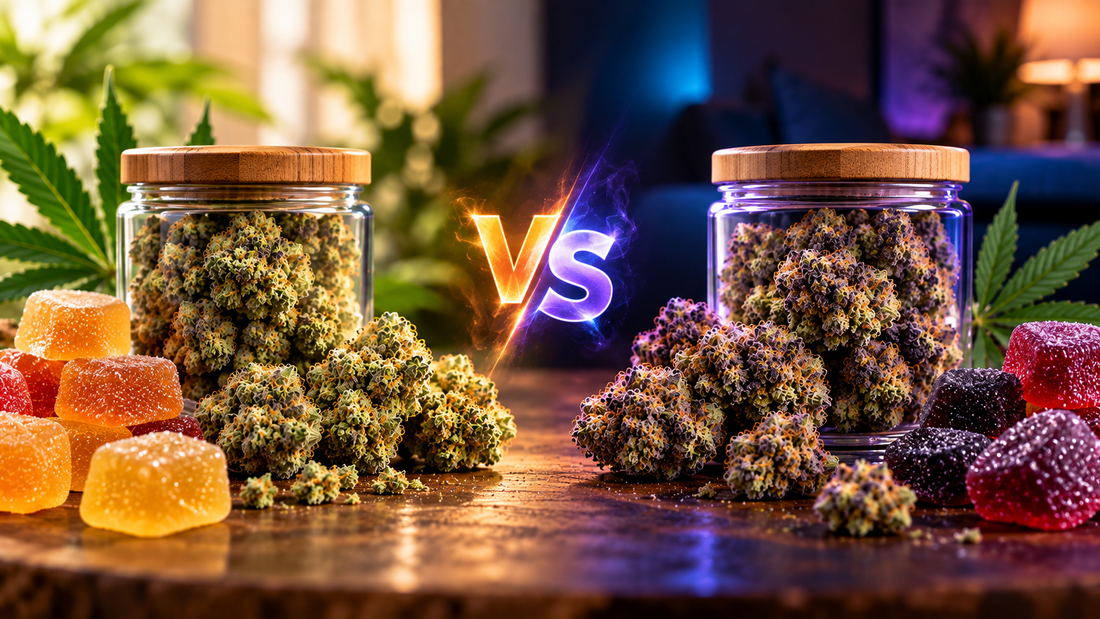 Delta-8 vs THCP comparison featuring cannabis flower and gummies with contrasting warm and cool lighting.