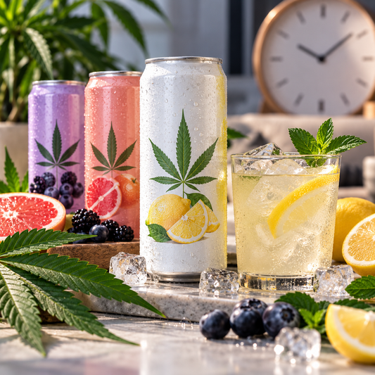 THC drink with nano-emulsified cannabis beverage, fresh lemon, berries, ice, and cannabis leaves illustrating fast-acting THC drinks.