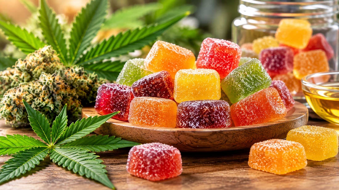 High-potency cannabis gummies with hemp leaves and cannabis flower illustrating 100mg+ edible dosing.