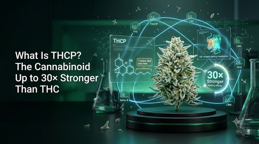 Futuristic 3D illustration of a frosty THCP cannabis flower with holographic molecular structure, CB1 receptor visualization, and scientific cannabinoid data representing THCP's enhanced binding affinity compared to THC.