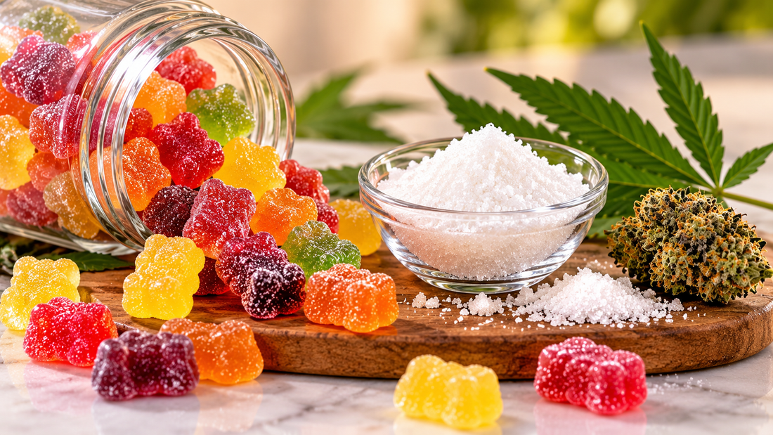 CBD isolate gummies with CBD isolate crystals, hemp leaves, and colorful fruit-flavored gummies in a clean product setting.