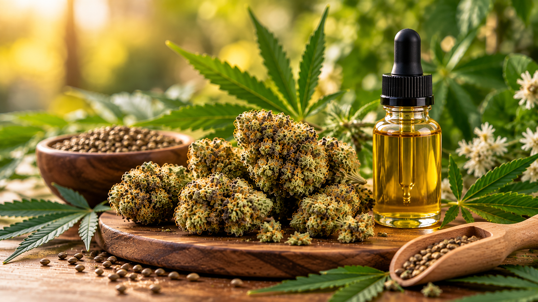 CBG cannabinoid flower with hemp leaves, CBG oil, cannabis seeds, and botanical elements in a natural wellness setting.