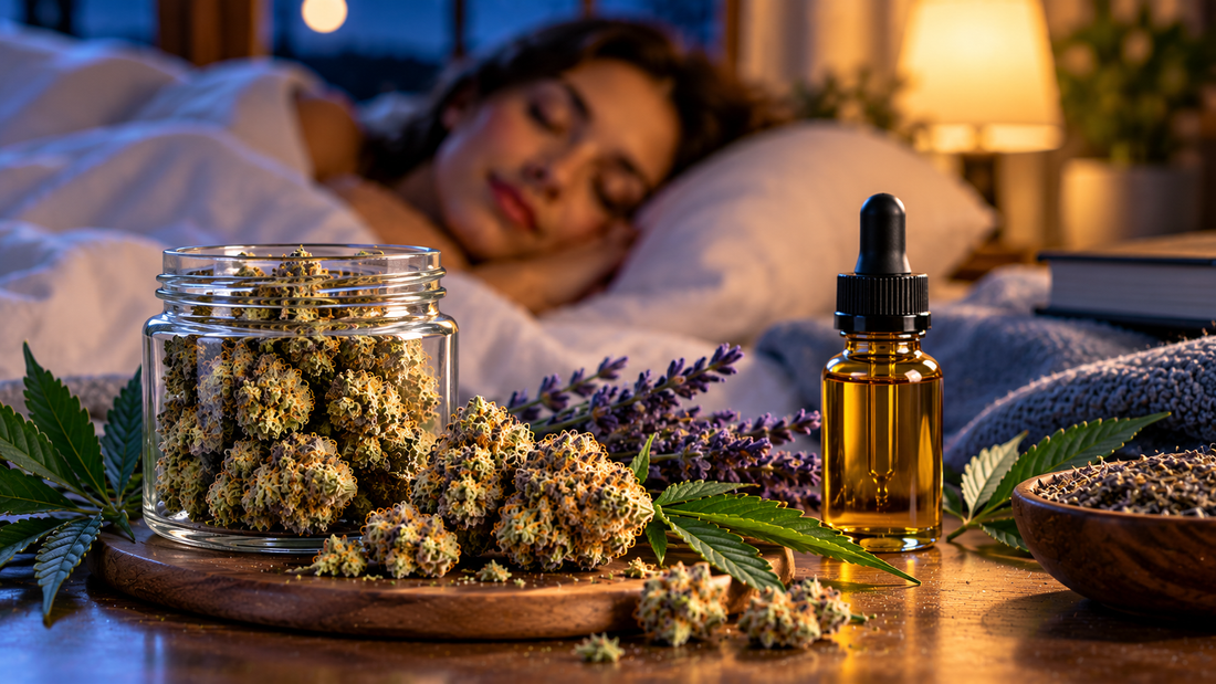 CBN sleep cannabinoid concept with cannabis flower, CBN oil, lavender, and a peaceful nighttime bedroom setting.