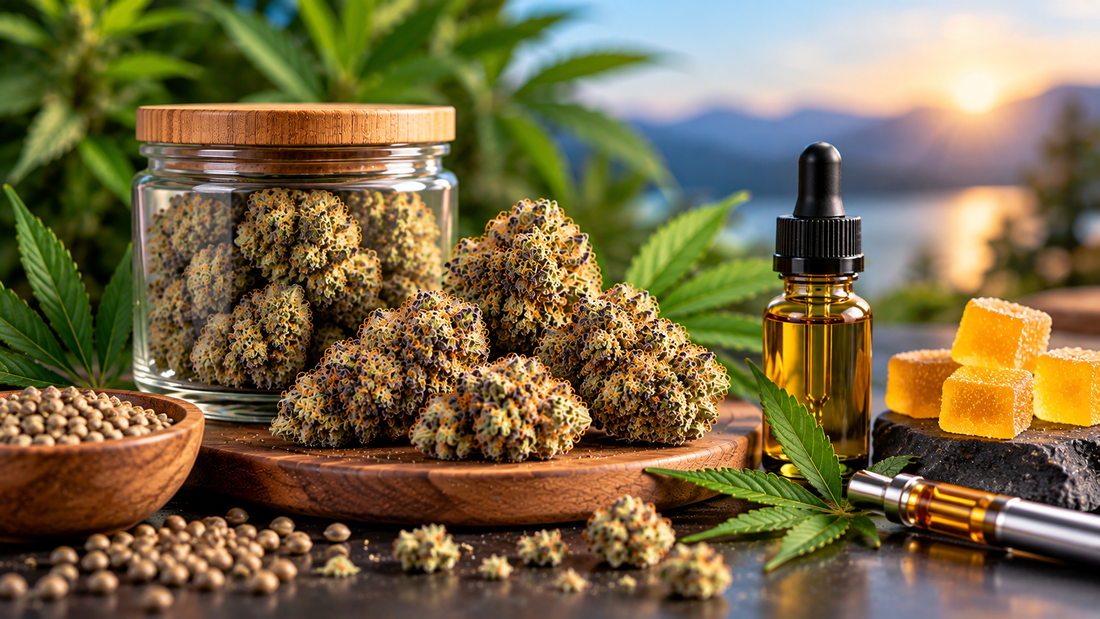 HHC cannabinoid concept featuring cannabis flower, HHC oil, gummies, vape cartridge, and hemp leaves in a natural setting.