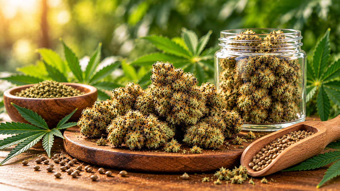 THCA flower with frosty cannabis buds, hemp leaves, seeds, and raw cannabis illustrating THCA before decarboxylation.